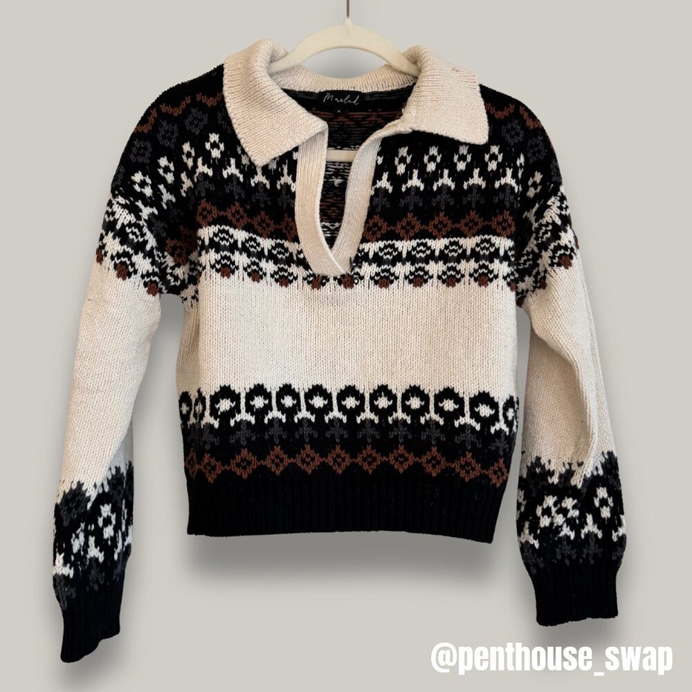Marled Black and Cream Thick Knit V-Neck Sweater, Size S